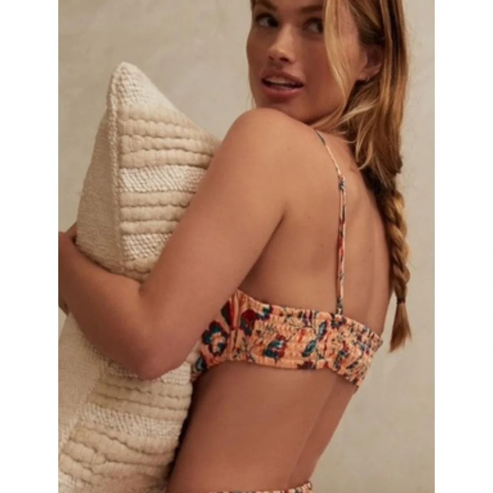 By Anthropologie Floral Silky Bandeau Top‎ M Peach Summer Coastal Beach Festival